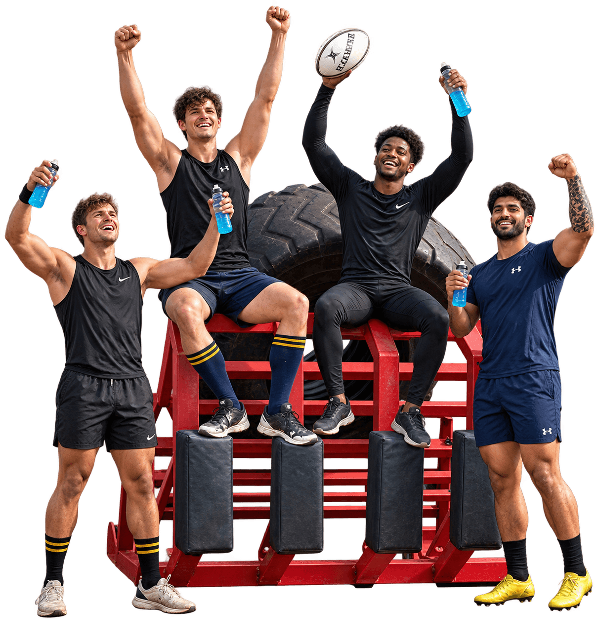 Four athletes celebrating together on training equipment