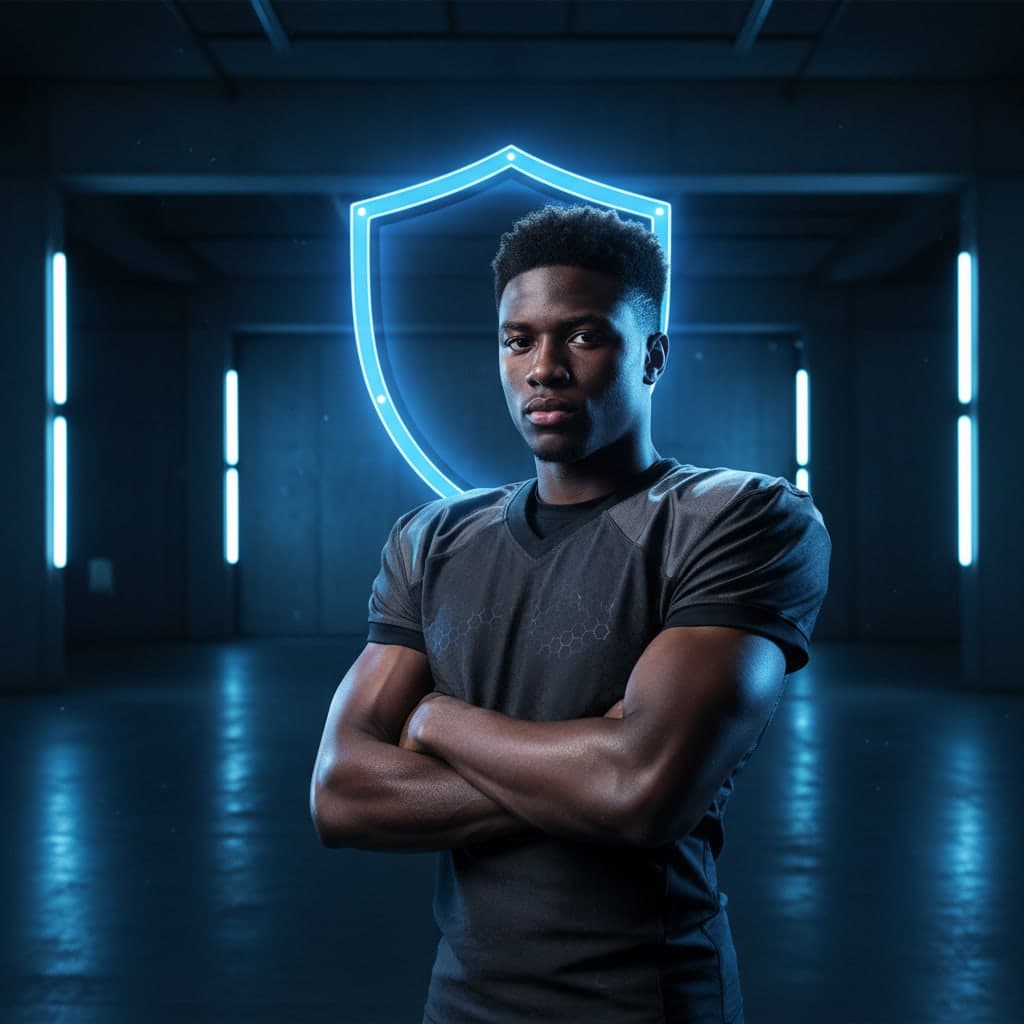 Athlete standing with arms crossed in front of a glowing shield