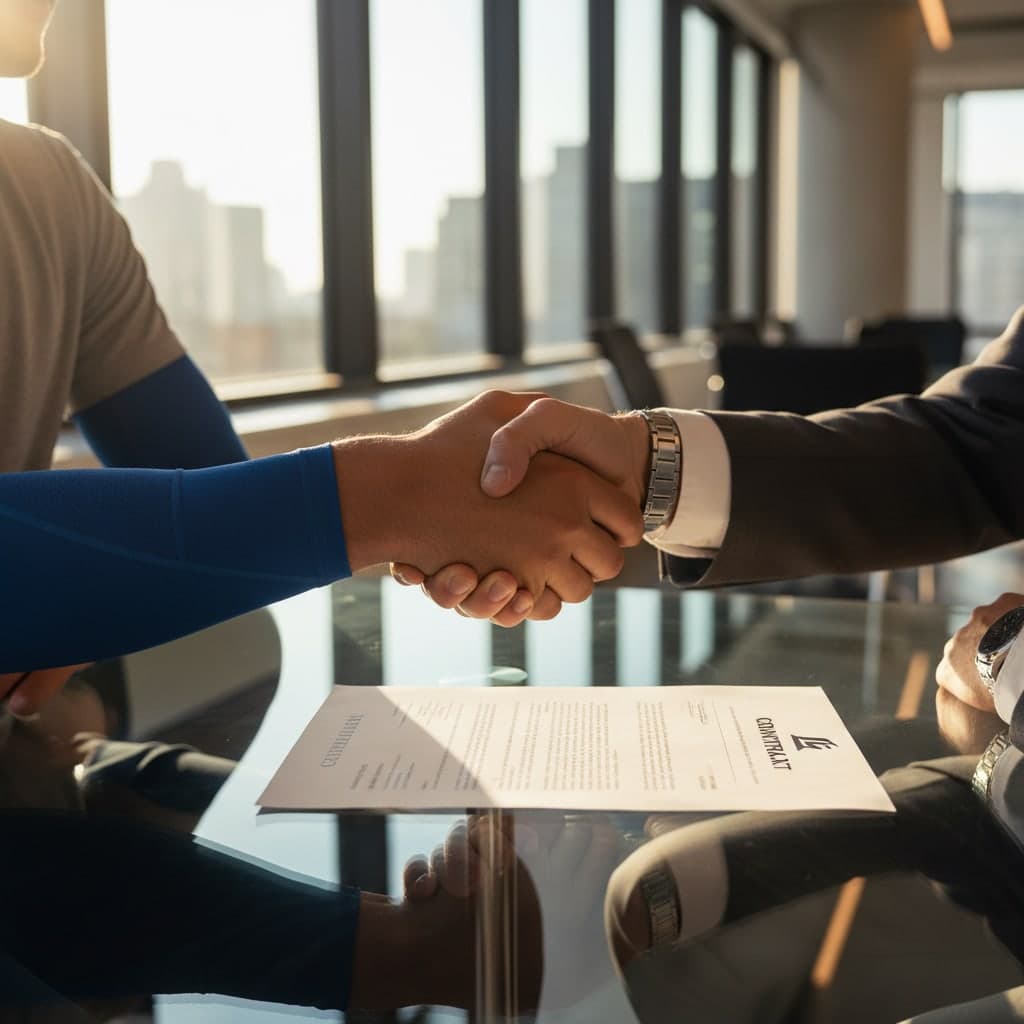 Two people shaking hands over a signed contract