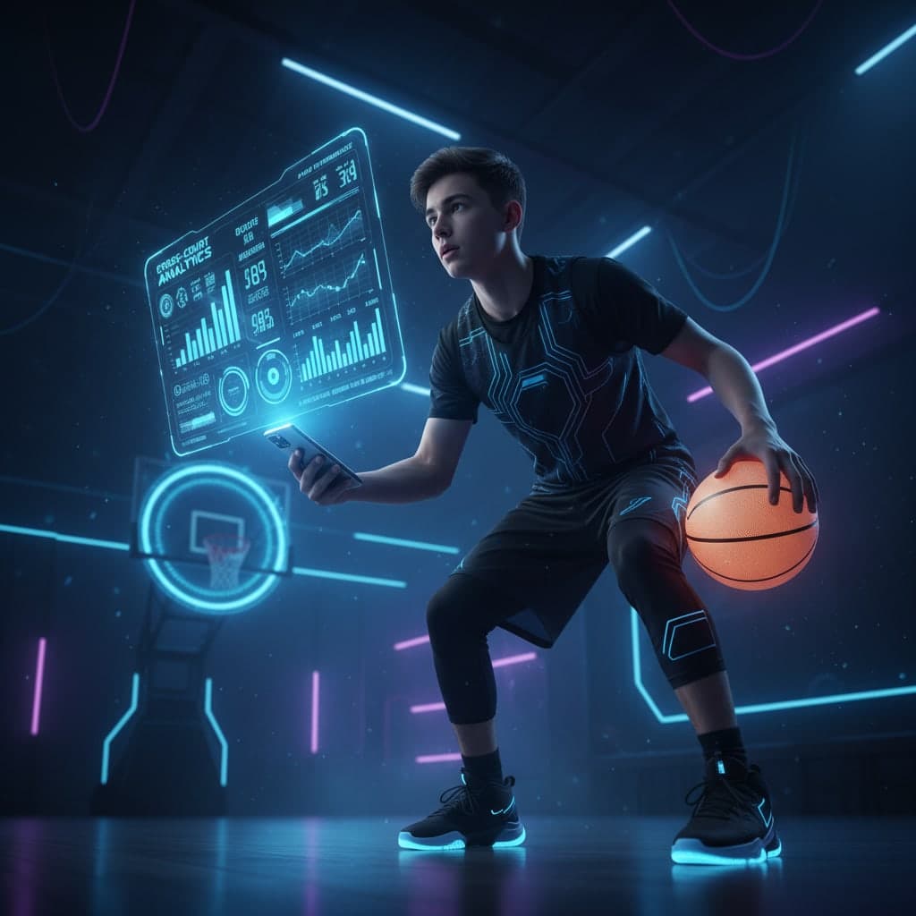 Basketball player beside a projected analytics dashboard