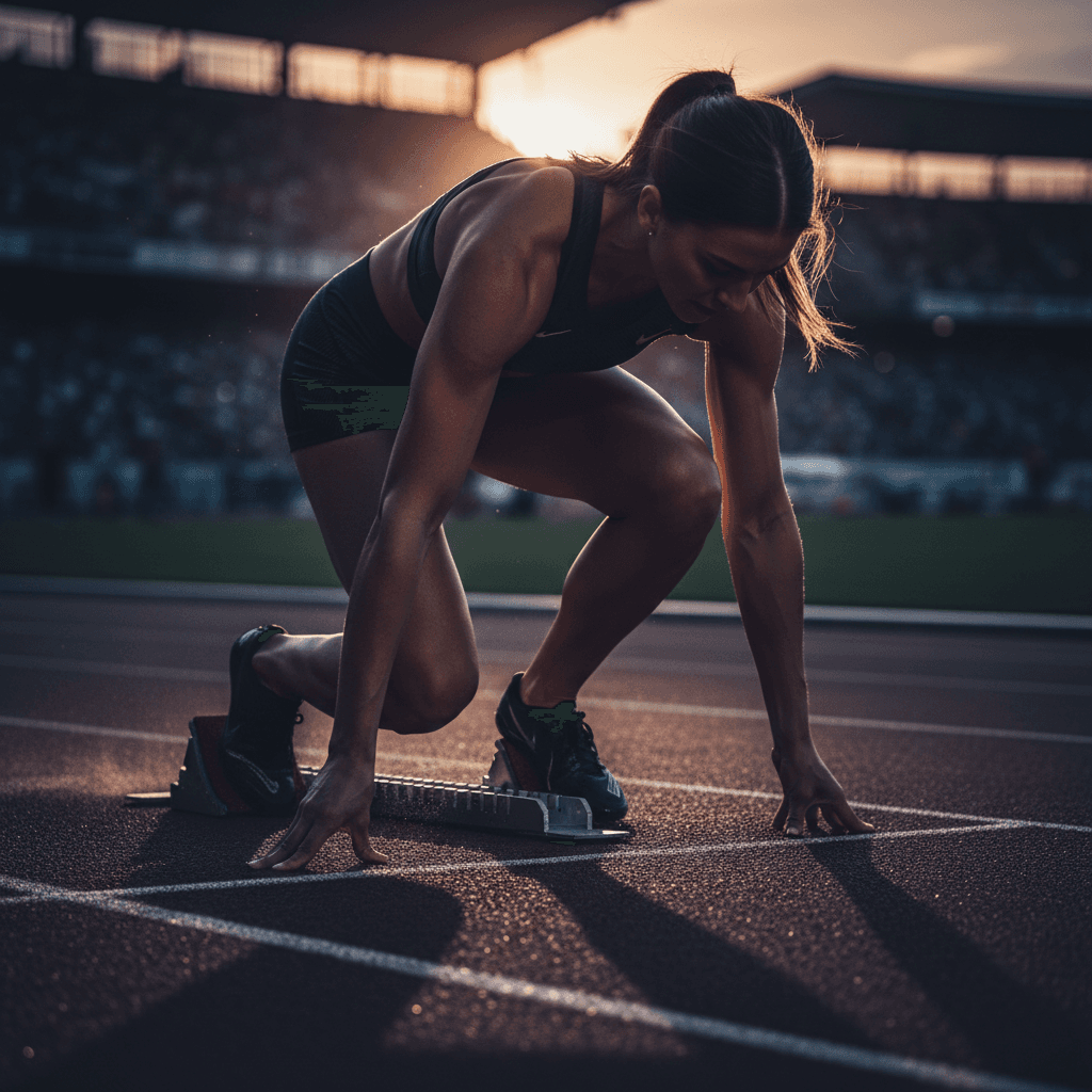 Sprinter in the blocks at sunset