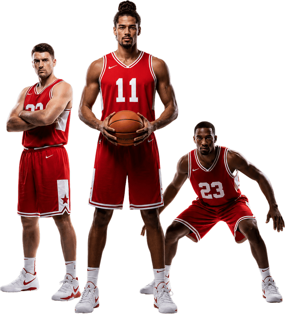 Three basketball players in red uniforms, the centre one holding a ball